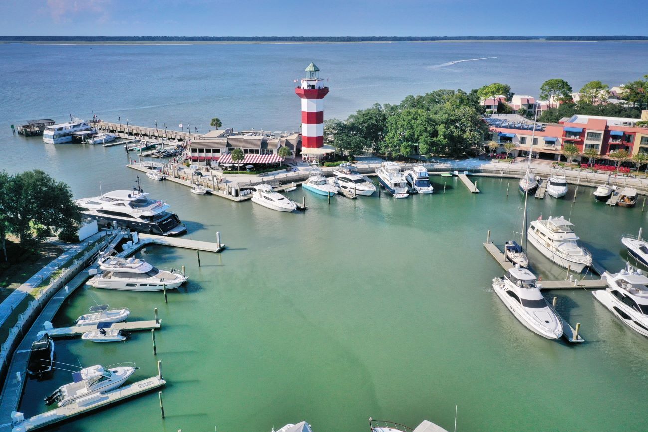 overhead view of hilton head island lighthouse and bay