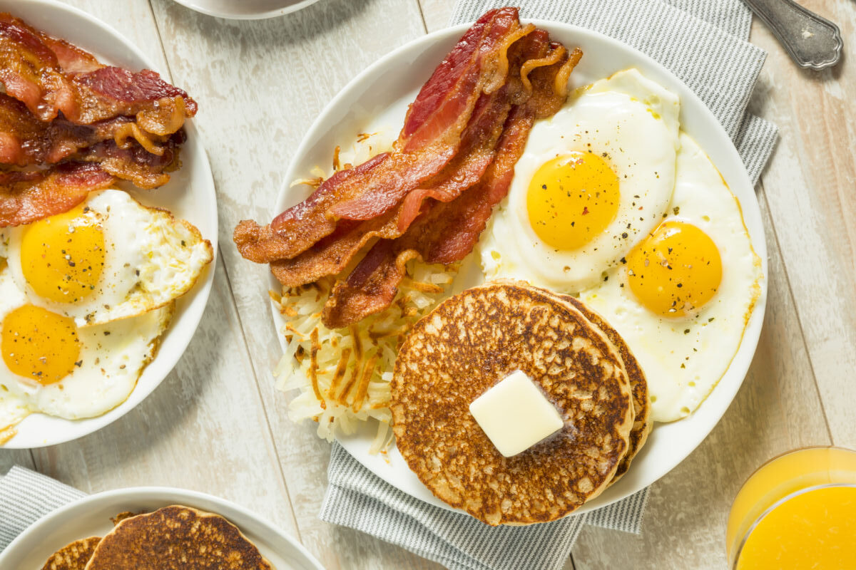 plates of eggs, pancakes, and bacon
