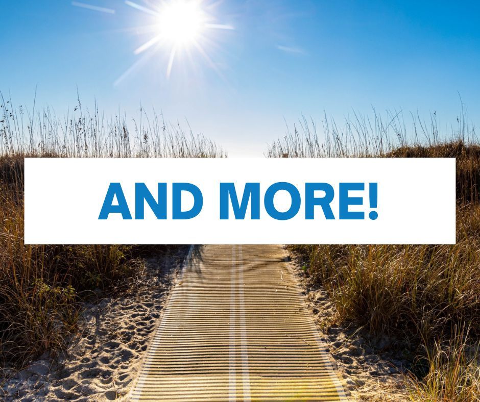 graphic that reads "and more" with a beach background photo