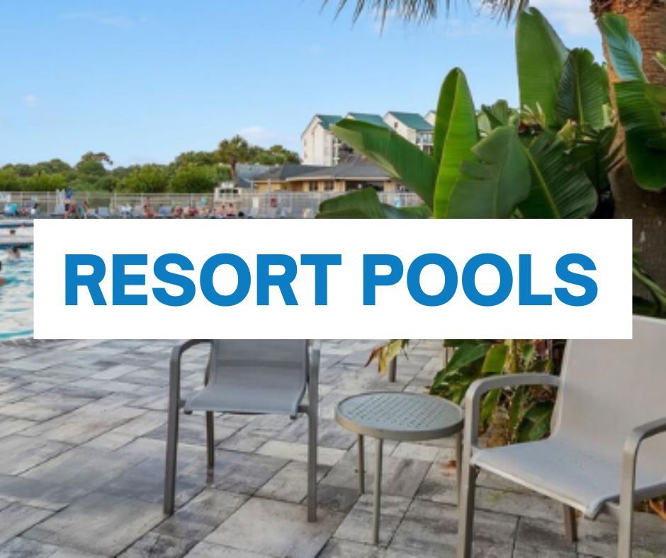 graphic that reads "resort pools" with a pool background picture