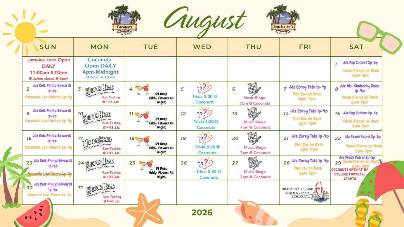 Calendar for August 2026 at CocoNutz and Jamaica Joe's Beach Bar with daily events and logos.